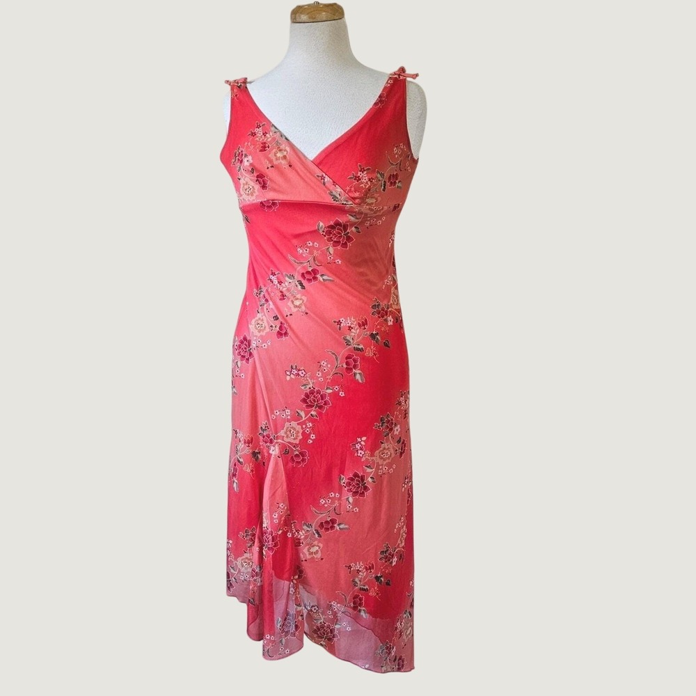 Vtg Y2K 00s Windsor Mesh Red Orange Floral Whimsical Asymmetrical Hem Dress L